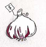 Garlic bulb with price tag by Susan Fluegel at Grey Duck Garlic